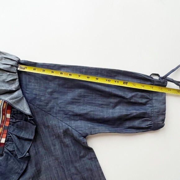 NWT Souk Indigo Hand Embroidered Chambray Top Ruffle V Neck 3/4 Sleeve Pull Over - Picture 9 of 11